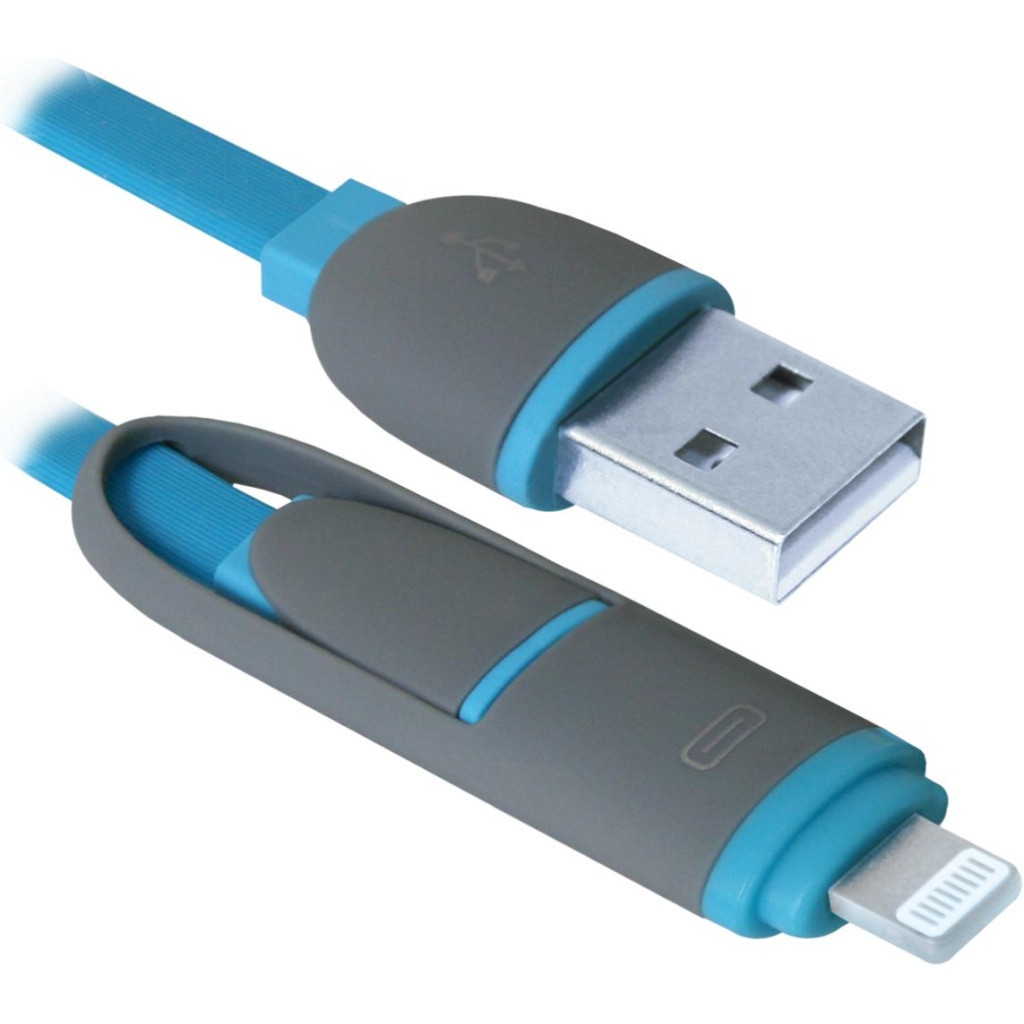 Дата кабель USB 2.0 AM to Lightning + Micro 5P 1.0m blue Defender (87487)