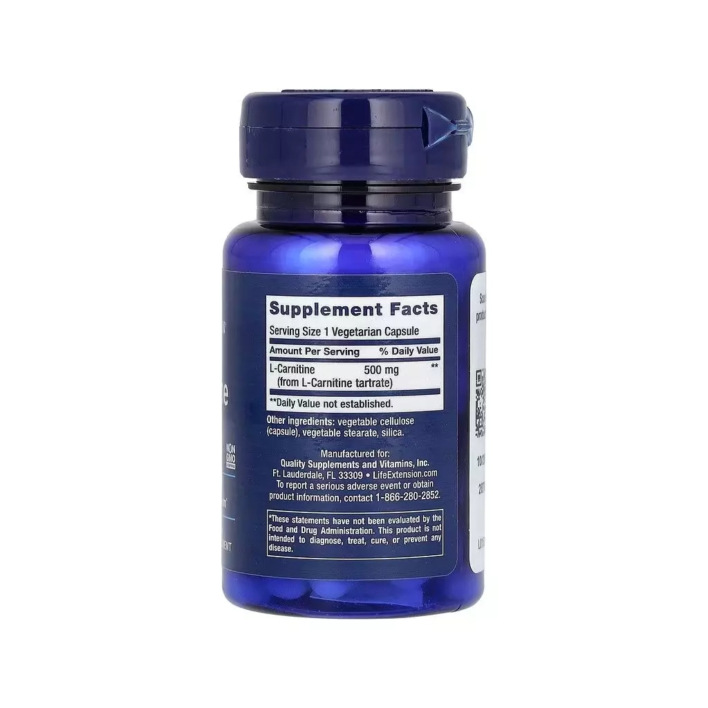 Вітамінно-мінеральний комплекс Life Extension L-Карнітин, 500 мг, L-Carnitine, 30 вегетаріанських капсул (LEX-15323)