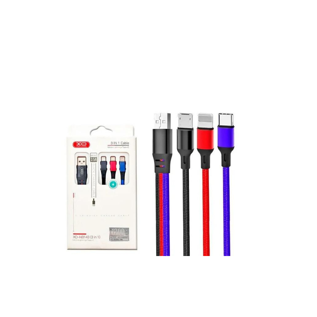 Дата кабель USB 2.0 AM to Lightning + Micro 5P + USB-C 1.2m black red blue XO (XO-NB143-3in1) Дата кабель USB 2.0 AM to Lightning + Micro 5P + USB-C 1.2m black red blue XO (XO-NB143-3in1)