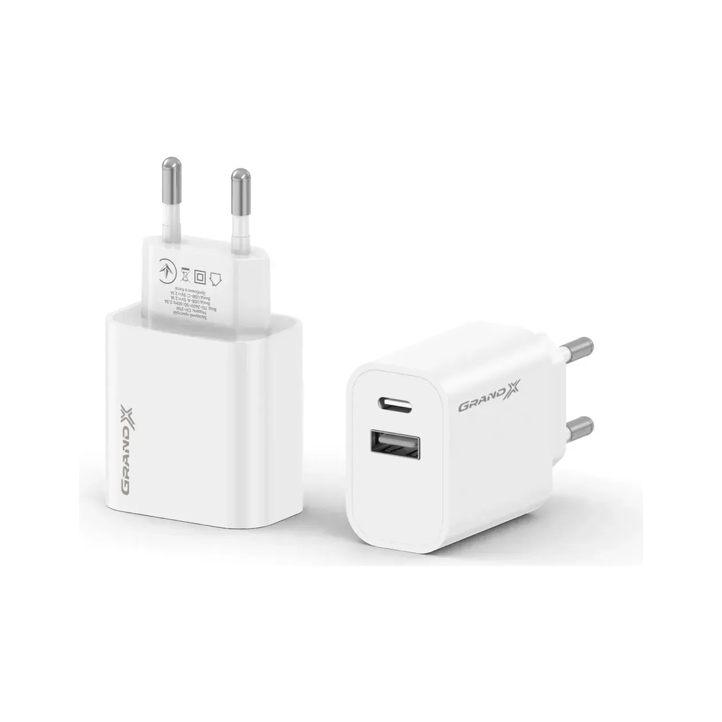 Зарядний пристрій Grand-X 1xUSB-C + 1xUSB 21W OCP white (CH-21W)