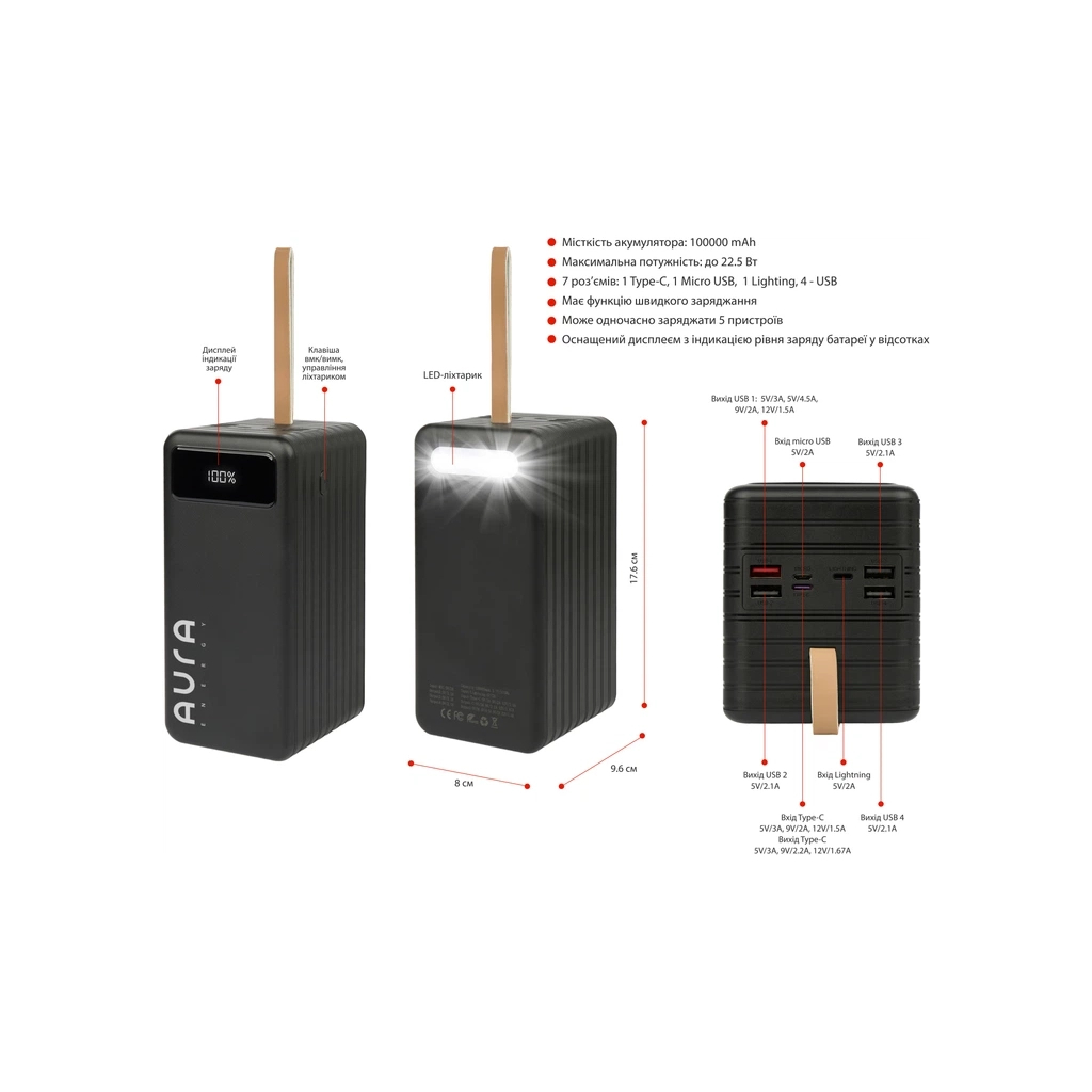 Повербанк AURA NRG-P100 100000mAh 22.5W Black (PBANRG-P100B)