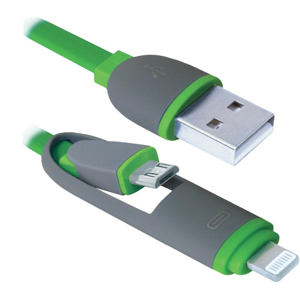 Дата кабель USB 2.0 AM to Lightning + Micro 5P 1.0m green Defender (87489)