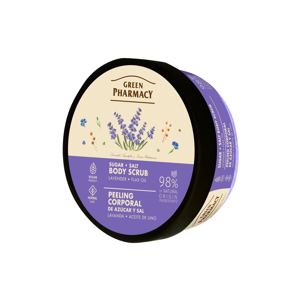 Скраб для тіла Green Pharmacy Цукрово-сольовий Лаванда та олія льону 200 мл (4823015945366)