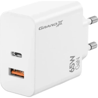 Зарядний пристрій Grand-X GaN 1xUSB-C + 1xUSB 65W PD3.0 QC4.0 AFC SCP FCP white (CH-960W)