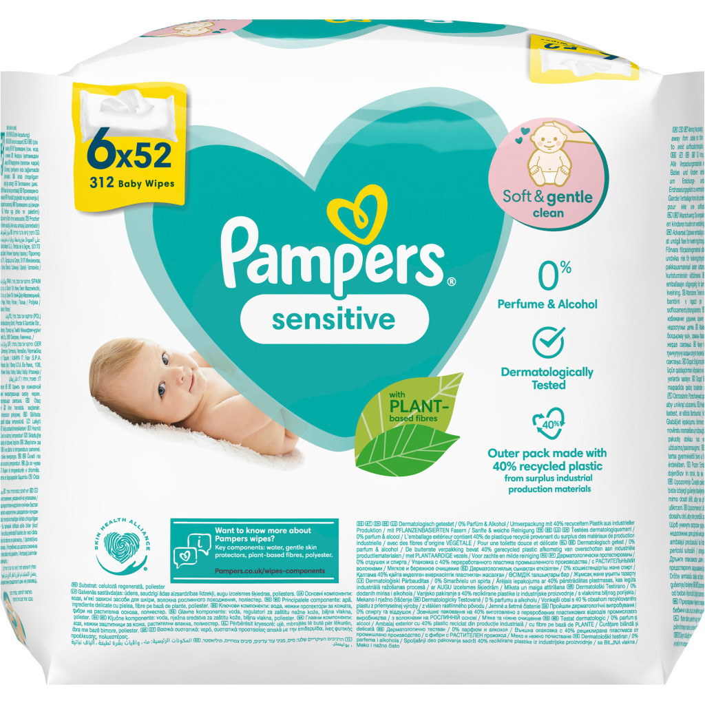 Дитячі вологі серветки Pampers Sensitive 6 пачок х 52 шт (8001841041452)