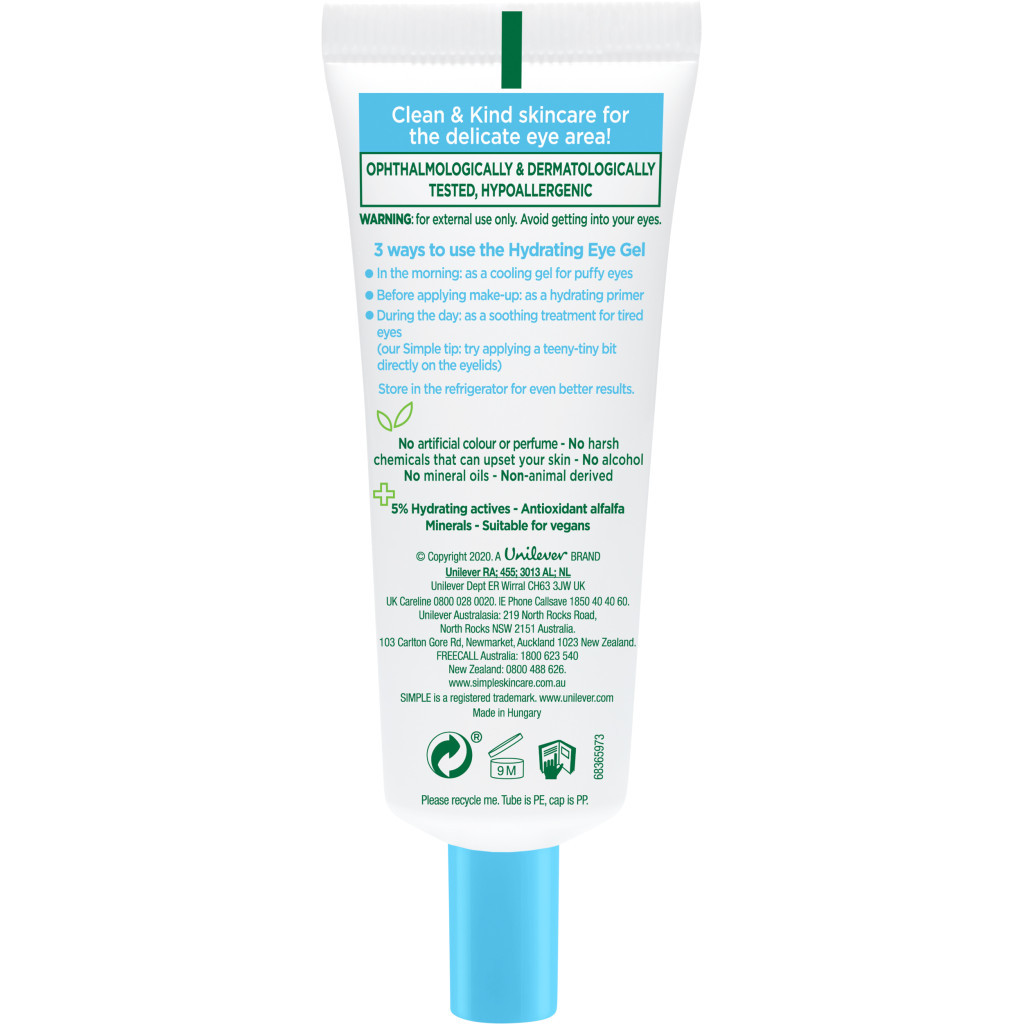 Гель для обличчя Simple Hydrating Eye Gel Water Boost Зволожуючий для області навколо очей 25 мл (8720181047879)