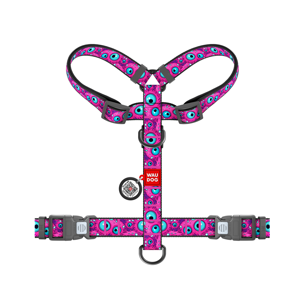 Шлея для собак WAUDOG Nylon анатомічна H-подібна з QR-паспортом "Око монстра" пластиковий фастекс, L (345-4049)