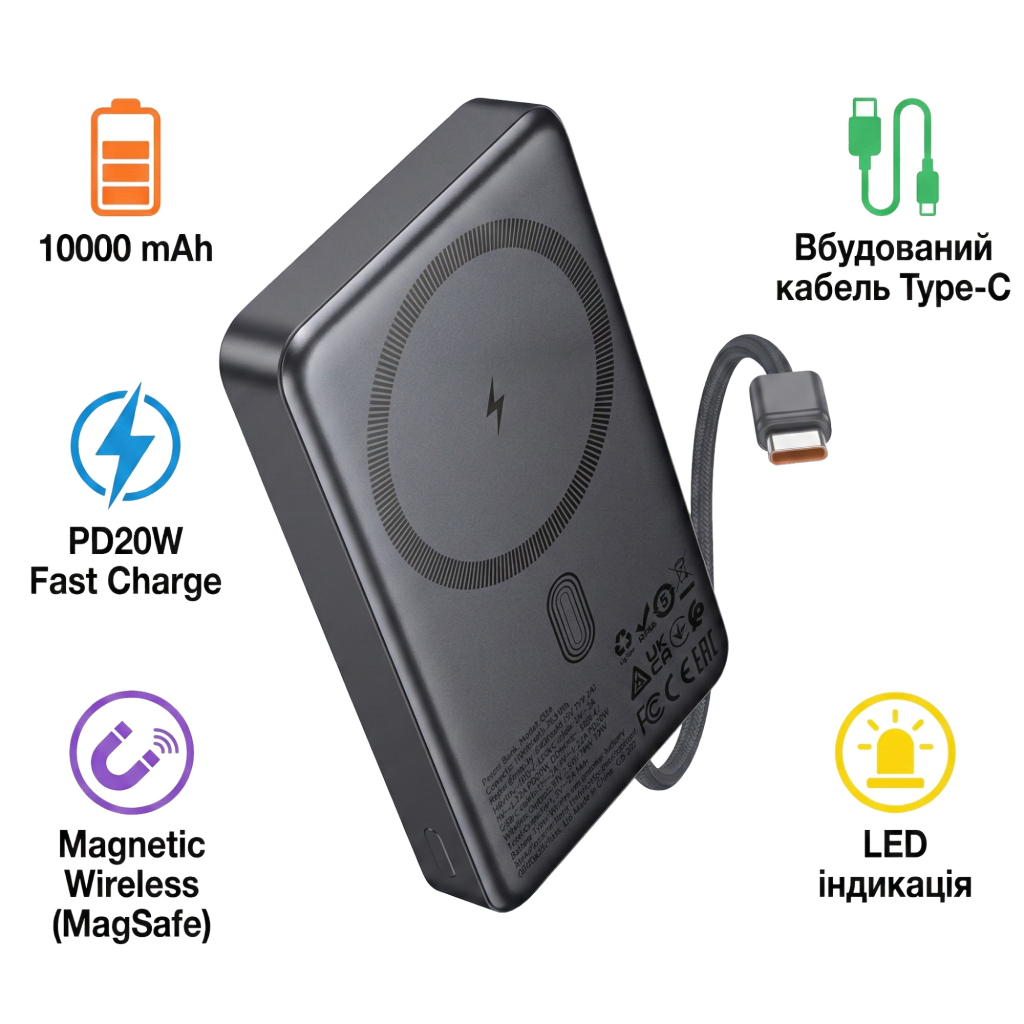 Повербанк HOCO 10000 mAh Origen Dual PD/20W Magnetic with cable Type-C Metal Gray (Q44 / 714983)