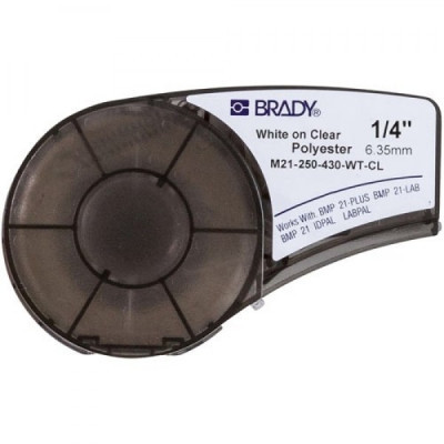 Brady polyester label printer ribbon, 6.35mm/6.4m. white on transparent (M21-250-430-WT-CL)