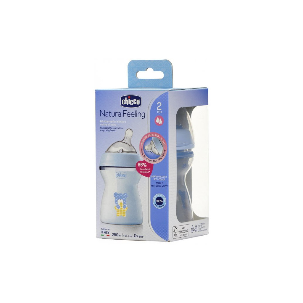 Пляшечка для годування Chicco Natural Feeling Color 250 мл +2 міс Блакитна (81323.20)