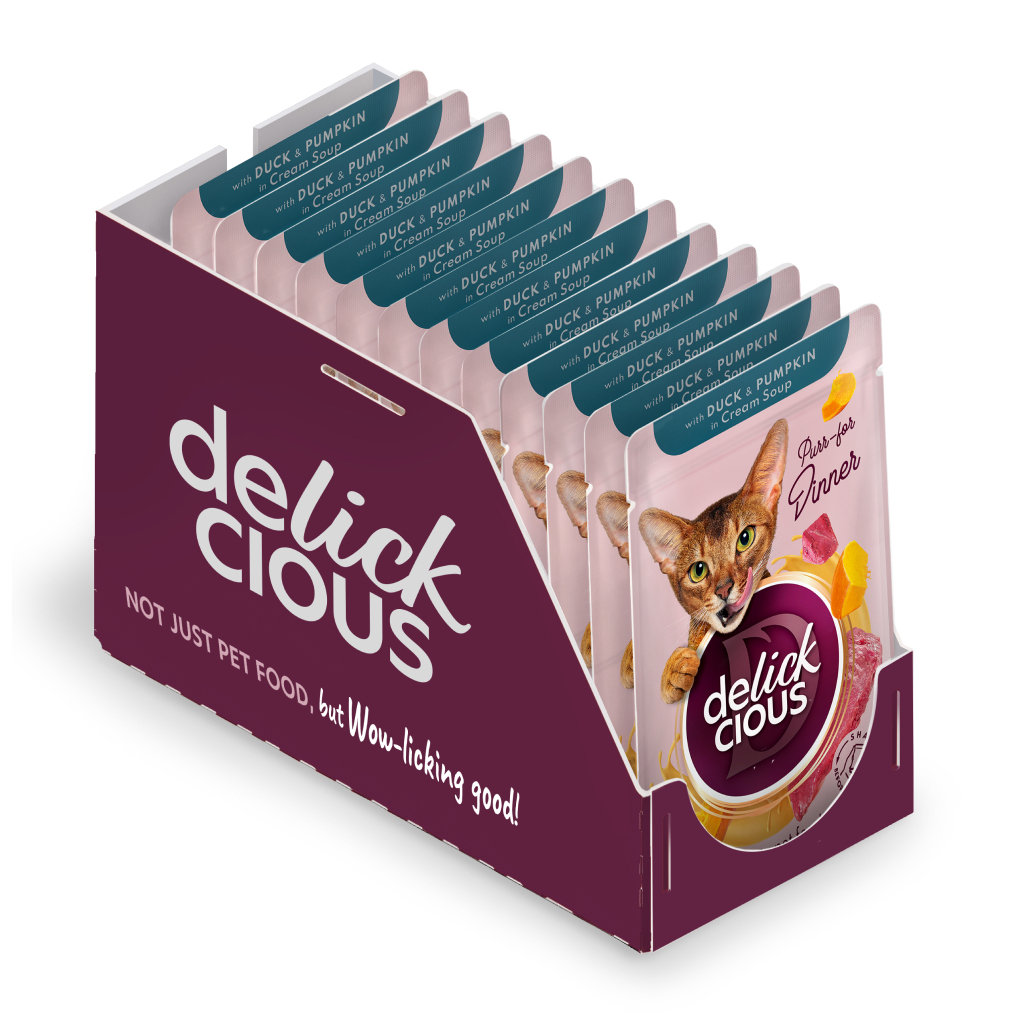 Вологий корм для кішок Delickcious Смужки з качкою та гарбузом в крем-супі 85 г (4820269141797)