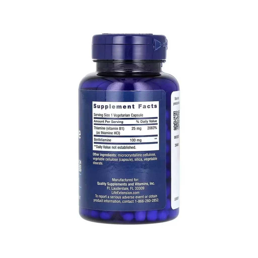 Вітамінно-мінеральний комплекс Life Extension Бенфотіамін з тіаміном, 100 мг, Benfotiamine with Thiamine, 120 вегета (LEX-92012)