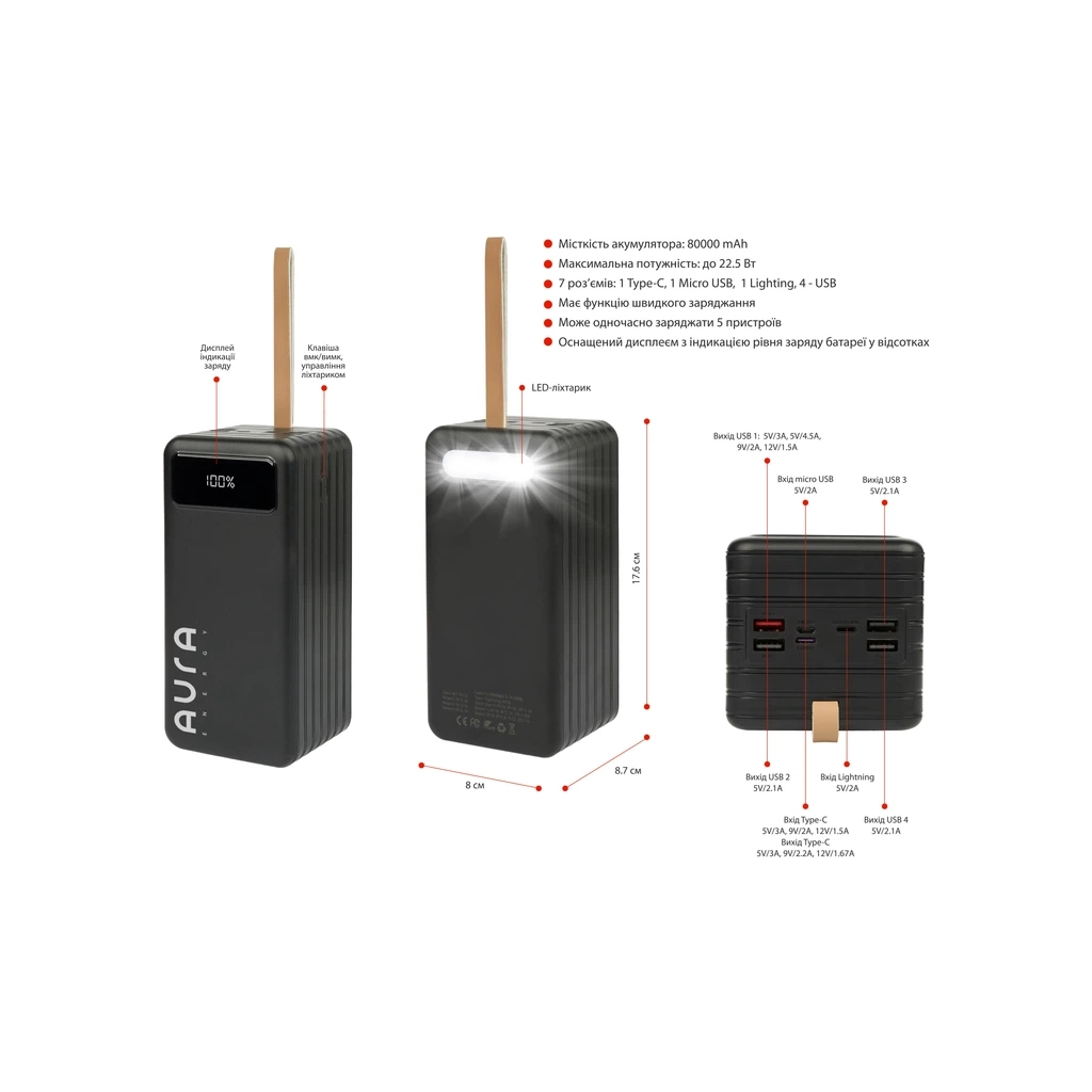 Повербанк AURA NRG-P80 80000mAh 22.5W Black (PBANRG-P80B)