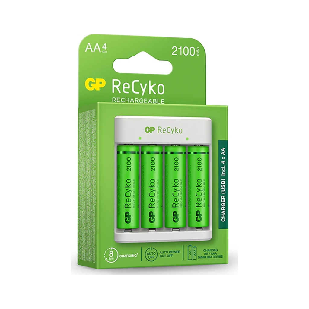 Зарядний пристрій для акумуляторів Gp ReCyko 4-Slot E411 USB Charger (w/ 4's 2100mAh AA Batteries) (GPE411 210AAHCN-2B4)