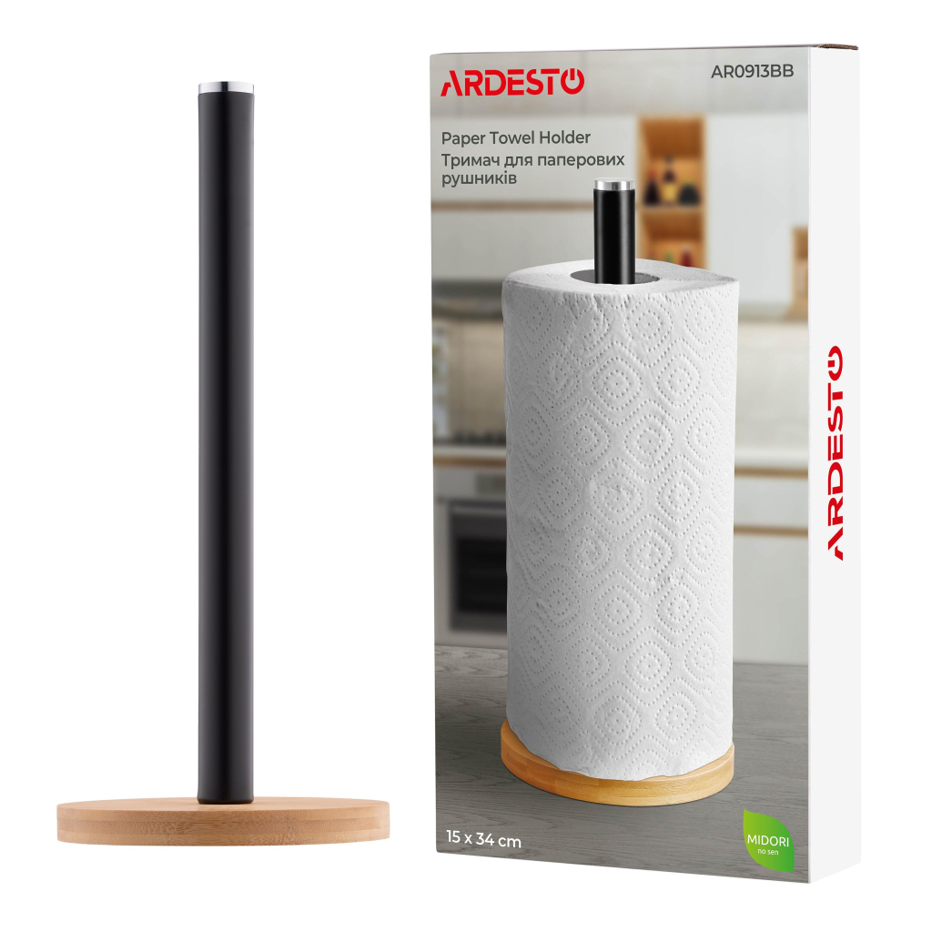Тримач паперових рушників Ardesto Midori 15х34см, метал, бамбук, чорний (AR0913BB)