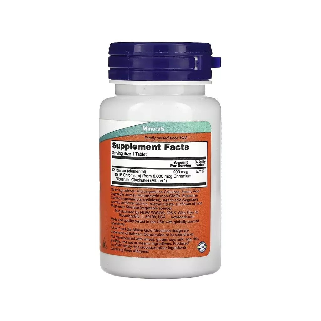 Мінерали Now Foods Хром GTF, 200 мкг, GTF Chromium, 100 таблеток (NOW-01430)