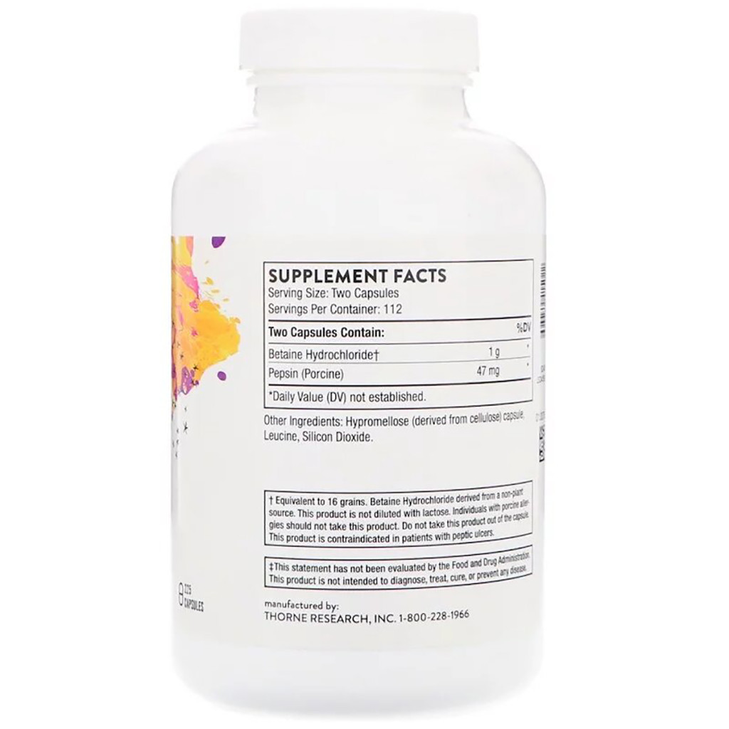 Вітамінно-мінеральний комплекс Thorne Research Бетаїн HCL і Пепсин, Betaine HCL & Pepsin, 225 капсул (THR-41502)