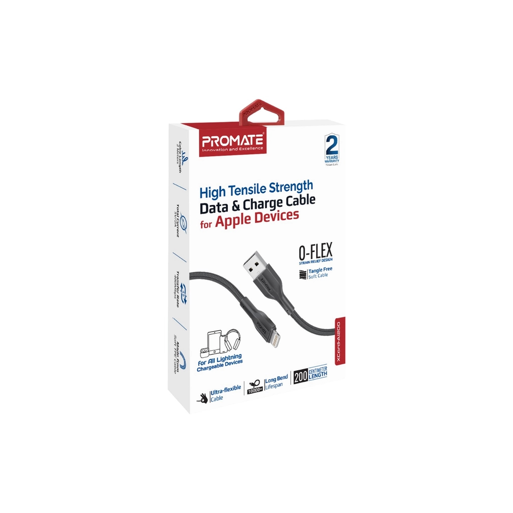 Дата кабель USB 2.0 AM to Lightning 2.0m 2A black Promate (xcord-ai200.black)