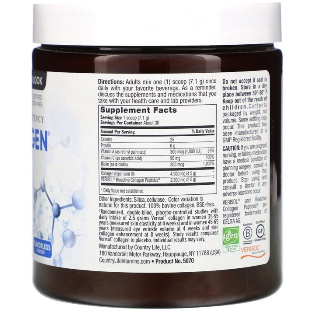 Вітамін Country Life Колаген 1 і 3 Типів + Біотин, Maxi Collagen, 7,5 унцій (210 (CLF-05070)