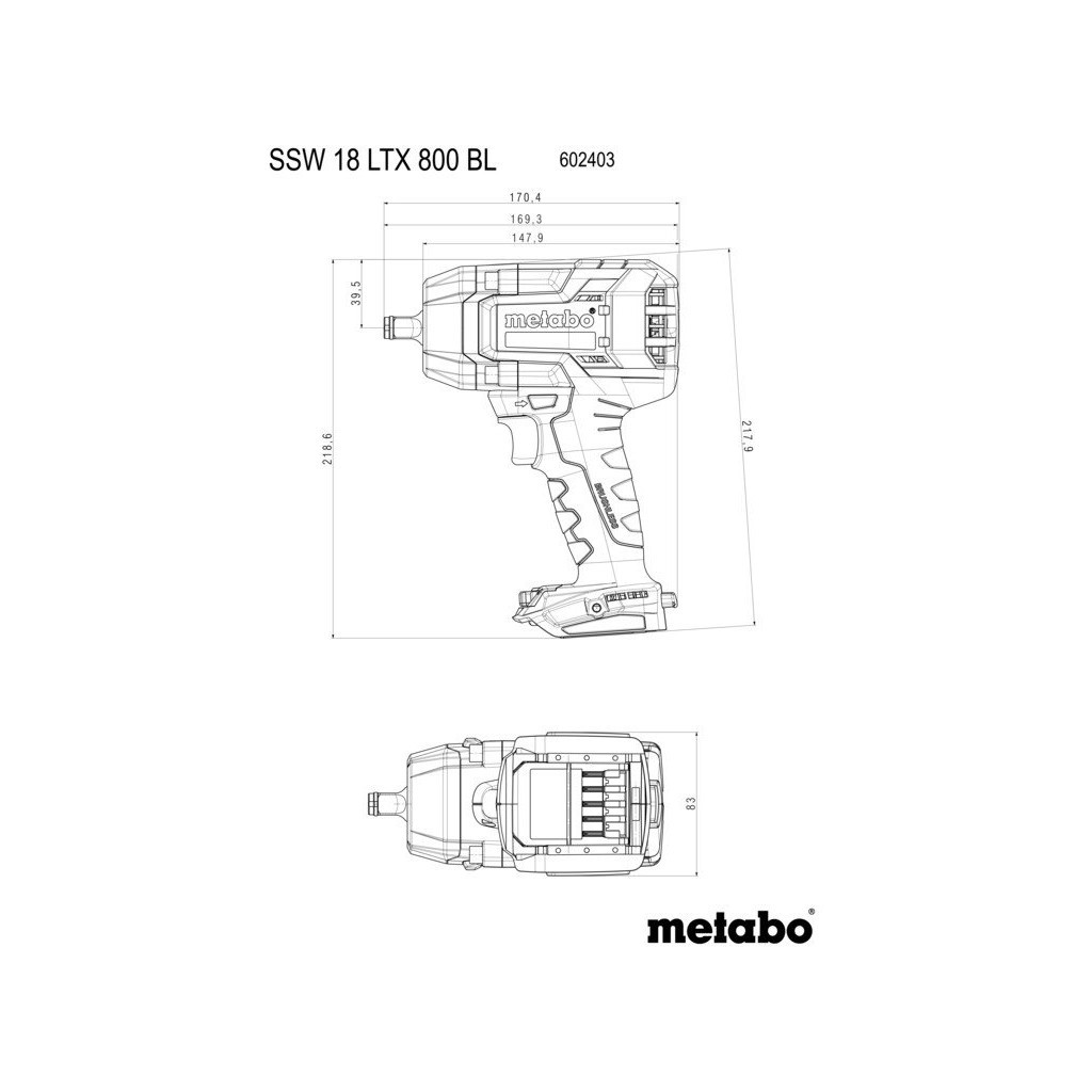 Гайковерт Metabo SSSW 18 LTX 800 BL, 18В, 1200Нм, М24, 0-2575об/хв (без АКБ та ЗП) (602403850)