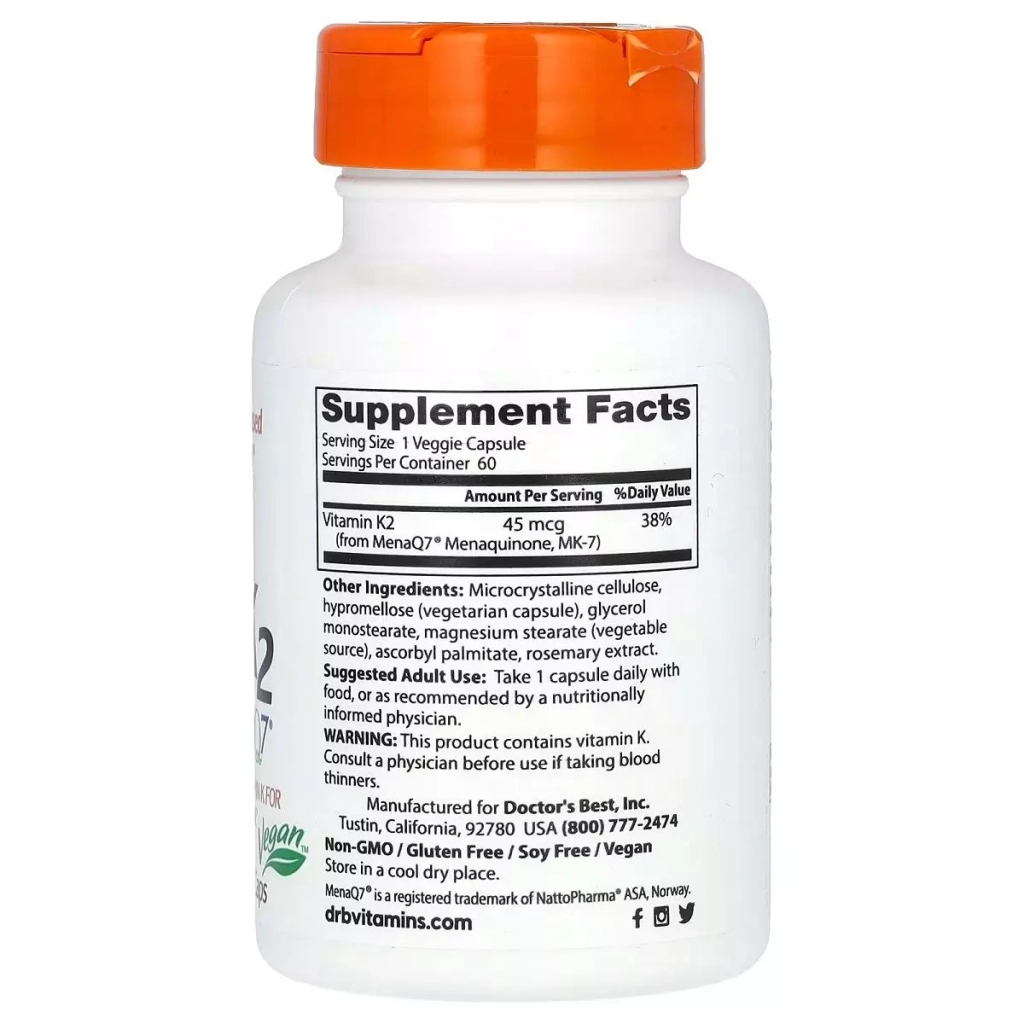 Вітамін Doctor's Best Вітамін K2, MK-7 з MenaQ7, 45 мкг, Vitamin K2 MK-7 with MenaQ7, 60 вегетаріан (DRB-00198)