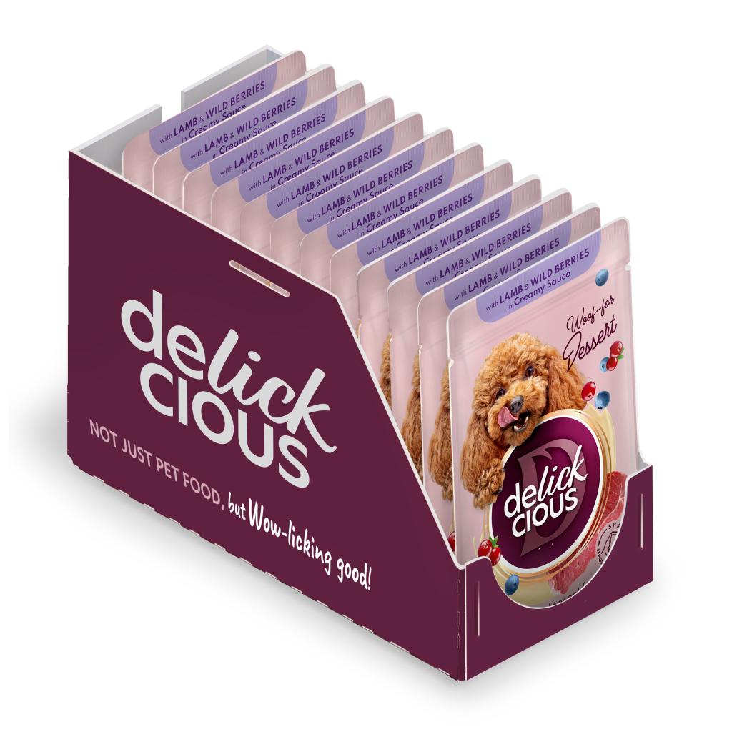 Вологий корм для собак Delickcious Пластівці з ягнятиною та лісовими ягодами у вершковому соусі 80 г (4820269141858)