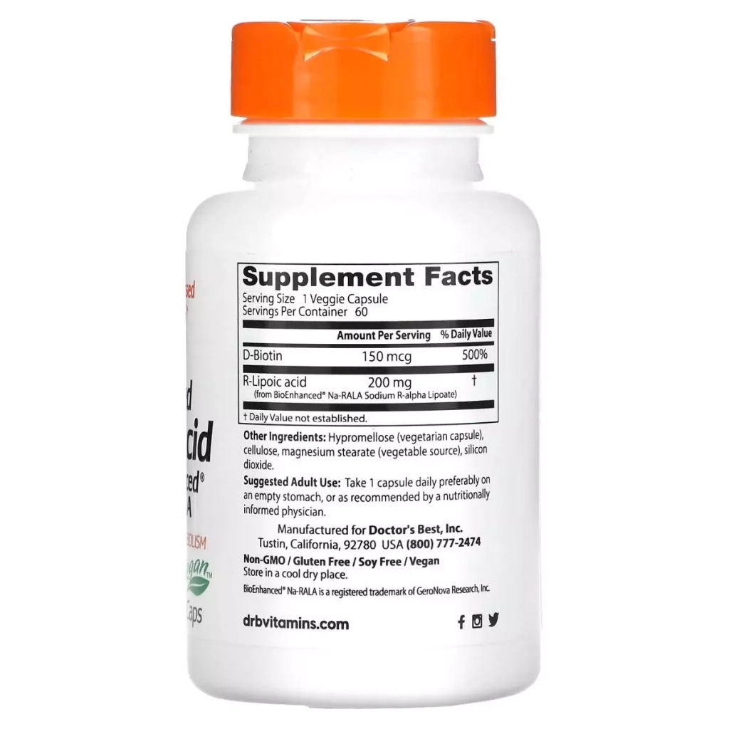 Вітамінно-мінеральний комплекс Doctor's Best R-ліпоєва кислота, 200 мг, Stabilized R-Lipoic Acid with BioEnhanced Na-RALA, 60 (DRB-00278)