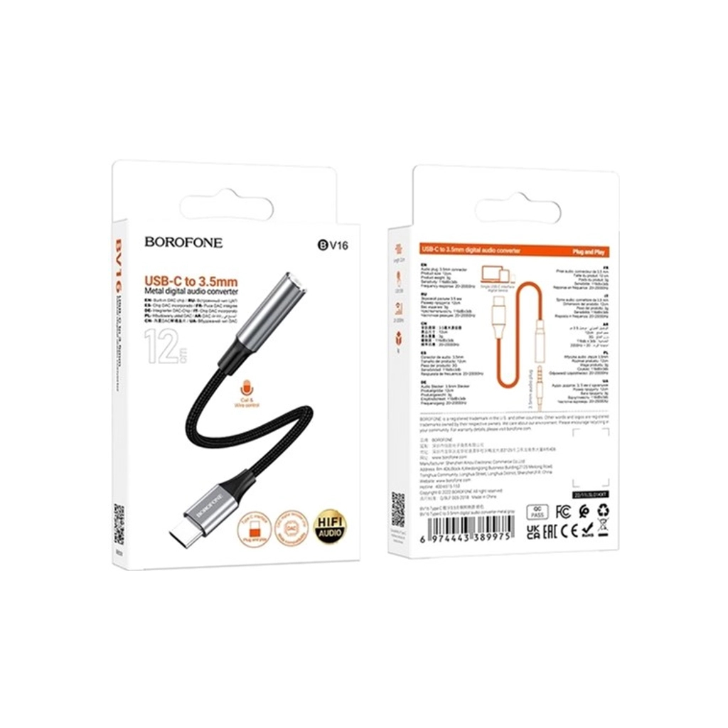 Адаптер USB-C to 3.5mm F 1.0m BV16 metal grey BOROFONE (6974443389975)