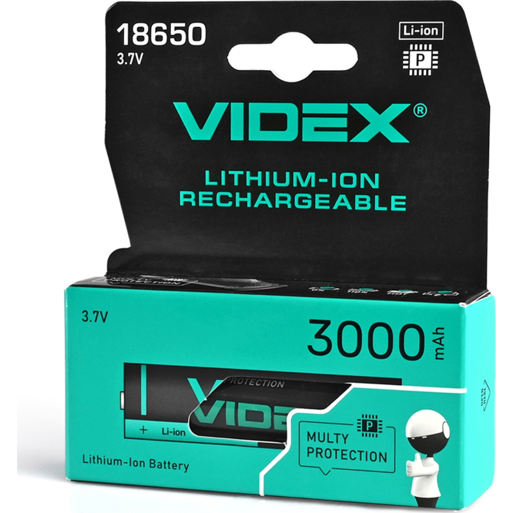 Акумулятор 18650 3000mAh Li-Ion, protect, color box/1шт Videx (18650-P/3000/1CB)