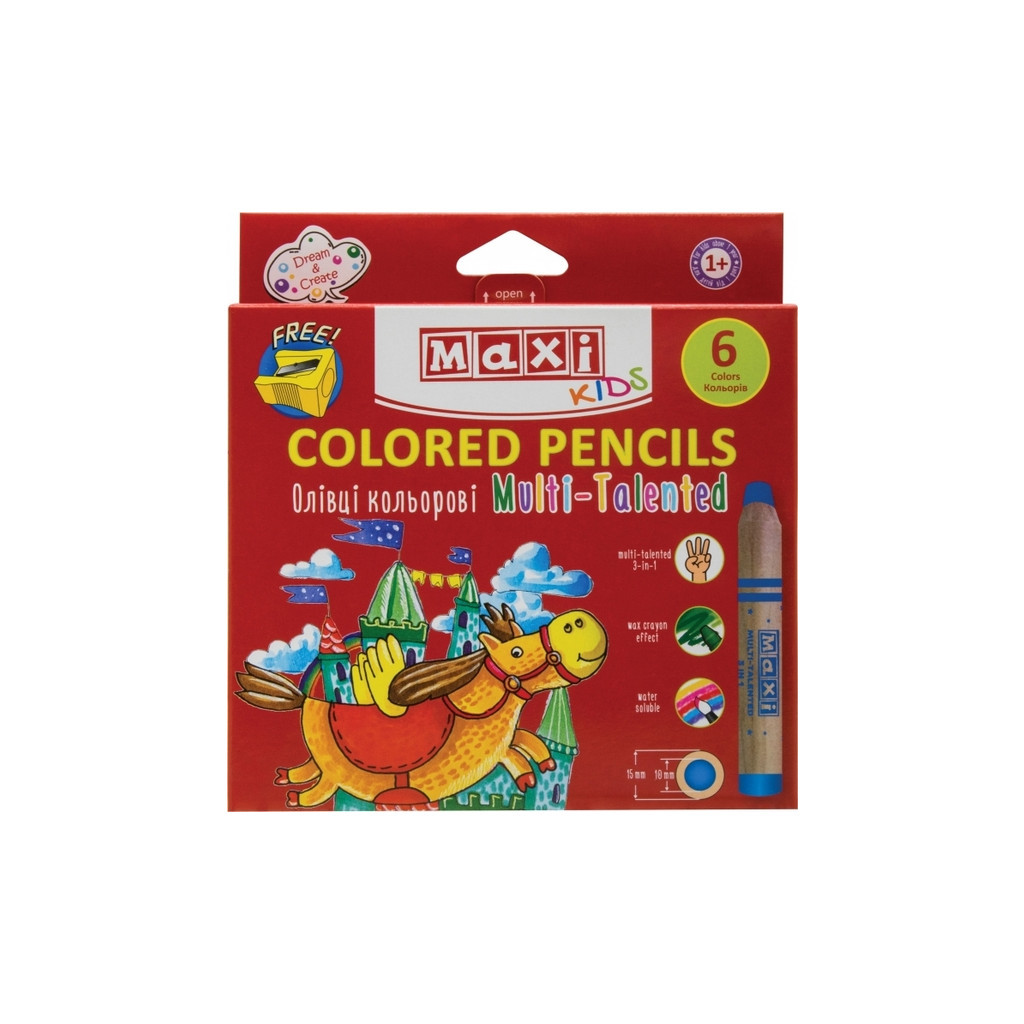 Олівці кольорові Maxi Multi-Talented 3 в 1, 6 кольорів з чинкою, круглі (MX15171) Олівці кольорові Maxi Multi-Talented 3 в 1, 6 кольорів з чинкою, круглі (MX15171)