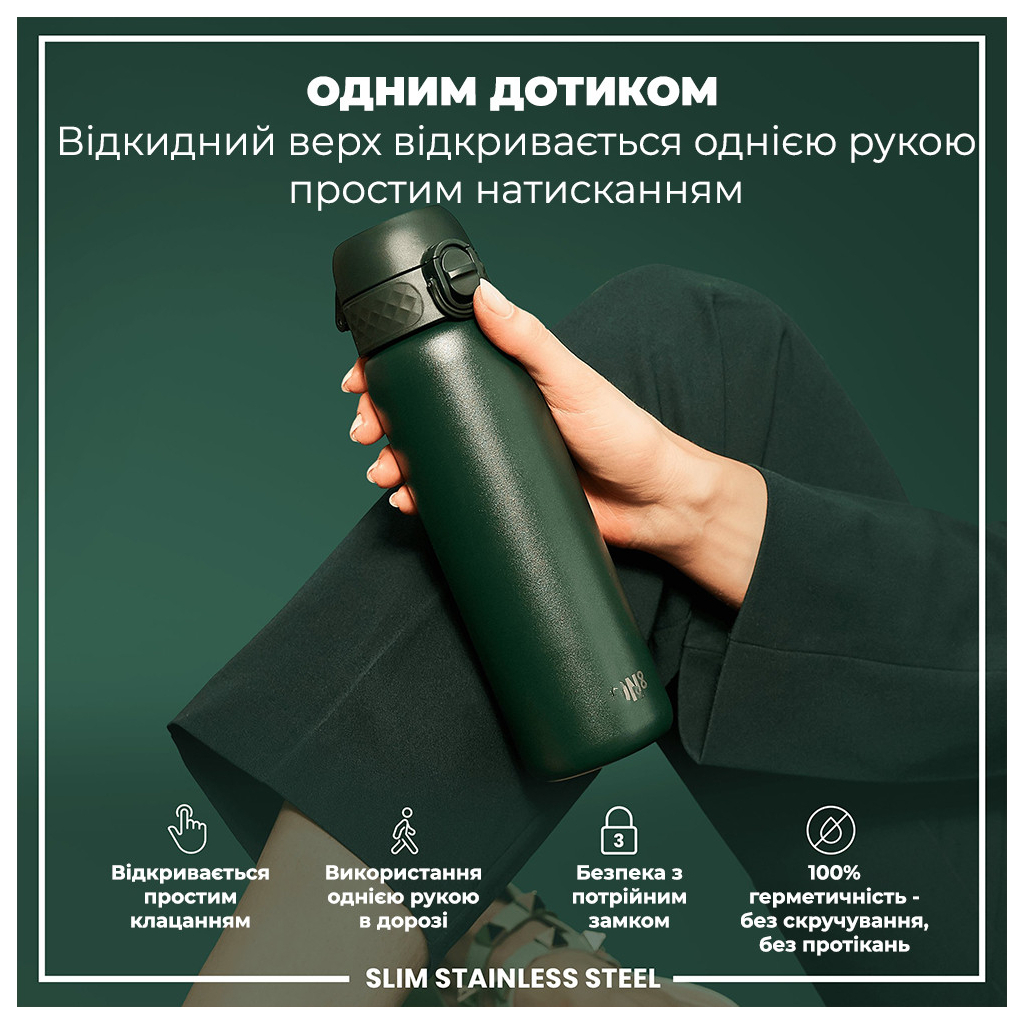 Пляшка для води ION8 OneTouch Stainless Steel 600 мл Dark Green (I8SS600DGRE)