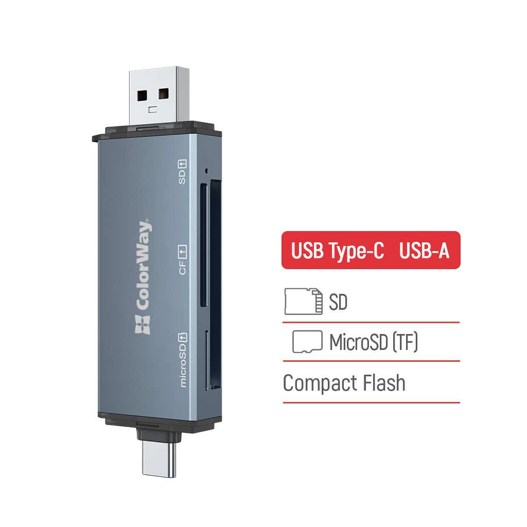 Зчитувач флеш-карт ColorWay USB 2.0/USB-C to CF/SD/MicroSD (CW-CR-01)
