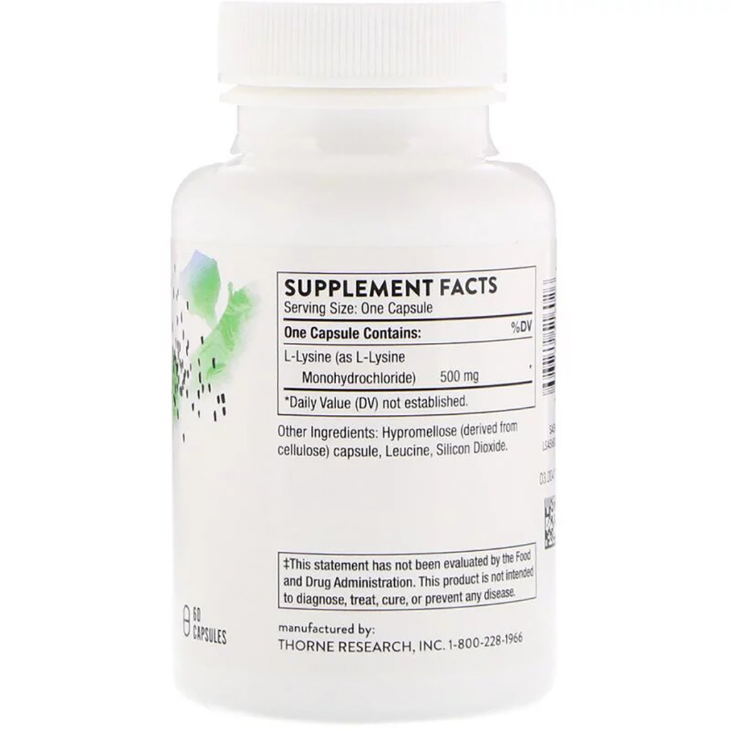 Амінокислота Thorne Research L-Лізин, L-Lysine, 60 капсул (THR-51602)