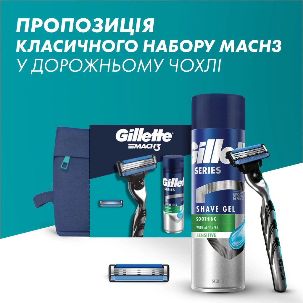 Набір косметики Gillette Бритва Mach3 з 2 змінними картриджами + Гель для гоління Series 200 мл + Косметичка (8700216075251)