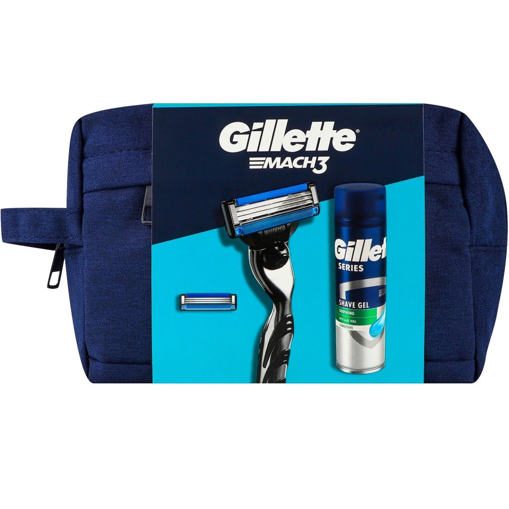 Набір косметики Gillette Бритва Mach3 з 2 змінними картриджами + Гель для гоління Series 200 мл + Косметичка (8700216075251)