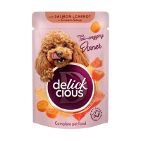 Wet dog food Delickcious Strips with salmon and carrots in cream soup 85 g (4820269142053)