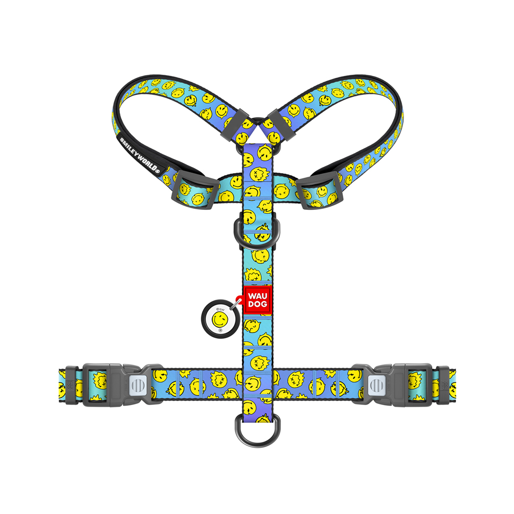 Шлея для собак WAUDOG Nylon анатомічна H-подібна з QR-паспортом "Смайли на блакитному" пластиковий фастекс, S (343-0182)