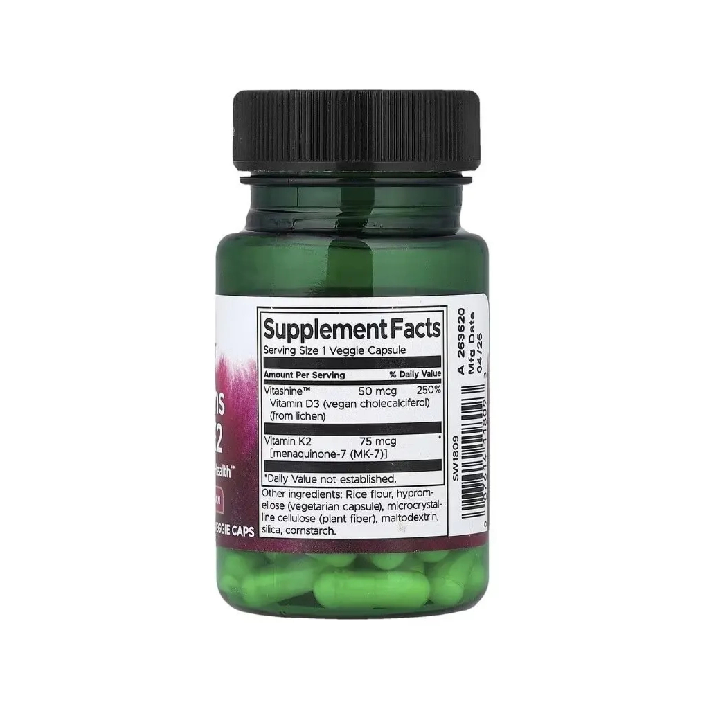 Вітамінно-мінеральний комплекс Swanson Вітаміни D3 та K2, Vitamins D3 & K2, 60 веганських капсул (SWV11809)