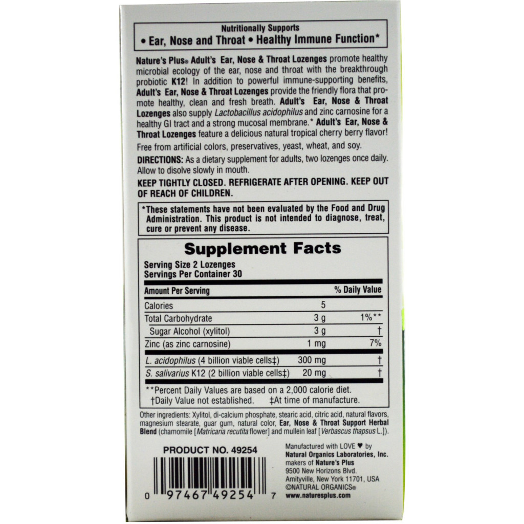 Вітамінно-мінеральний комплекс Natures Plus Комплекс Вухо, Горло, Ніс з пробіотиками К12, Смак тропічні (NAP-49254)