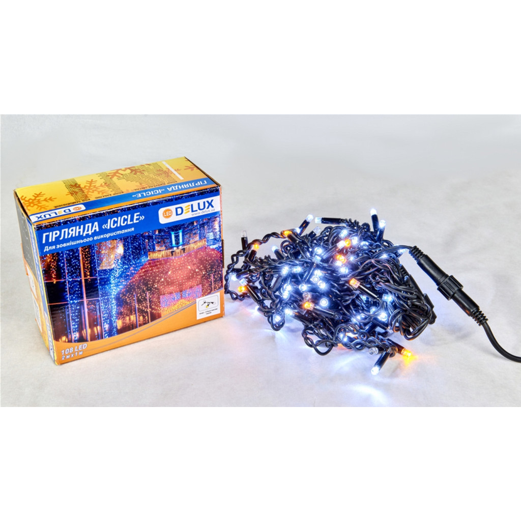 Гірлянда Delux ICICLE 108LED 2x1 м Жовтий flash Білий/Чорний IP44 (90015178)