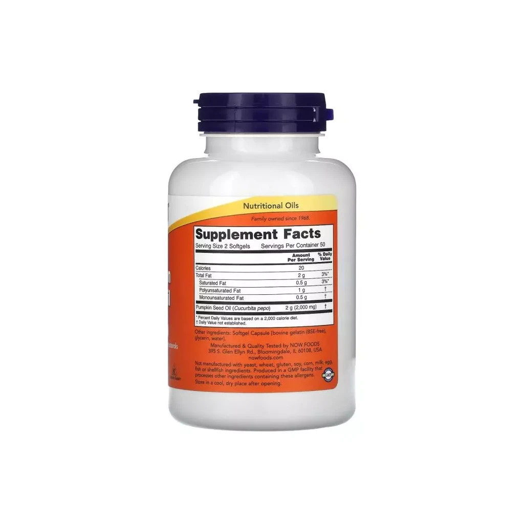 Трави Now Foods Олія насіння гарбуза, 1000 мг, Pumpkin Seed Oil, 100 гелевих капсул (NOW-01840)