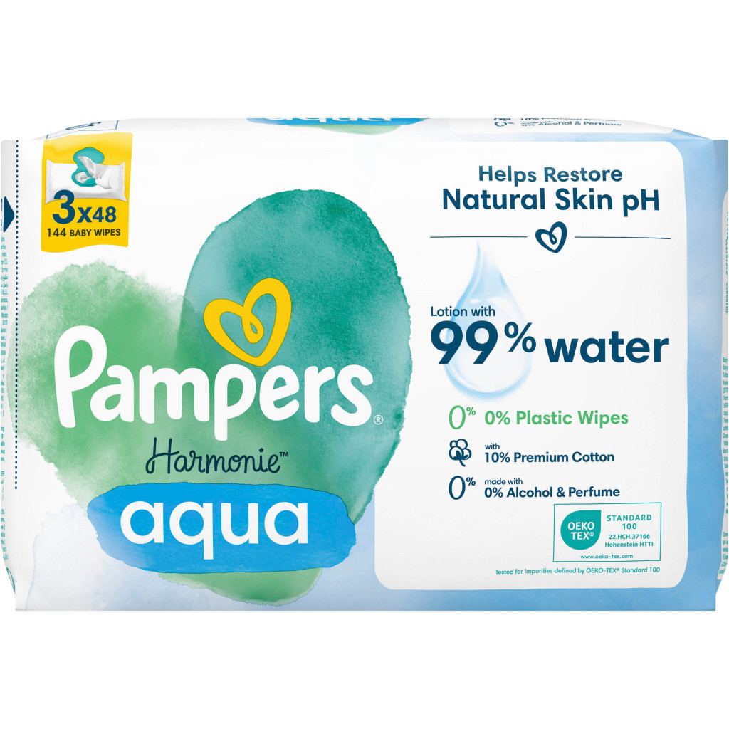 Дитячі вологі серветки Pampers Harmonie Aqua 3 пачки х 48 шт (8006540458525)