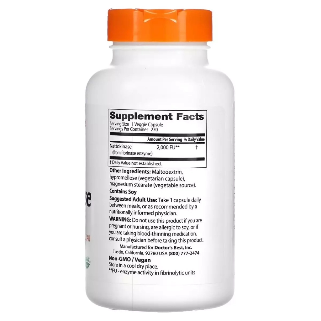 Пробіотики Doctor's Best Наттокіназа, 2000 FU, Nattokinase, 270 вегетаріанських капсул (DRB-00253)