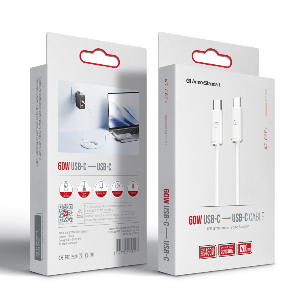 Дата кабель USB-C to USB-C 1.2m TPE 60W white Armorstandart (ARM75872) Дата кабель USB-C to USB-C 1.2m TPE 60W white Armorstandart (ARM75872)