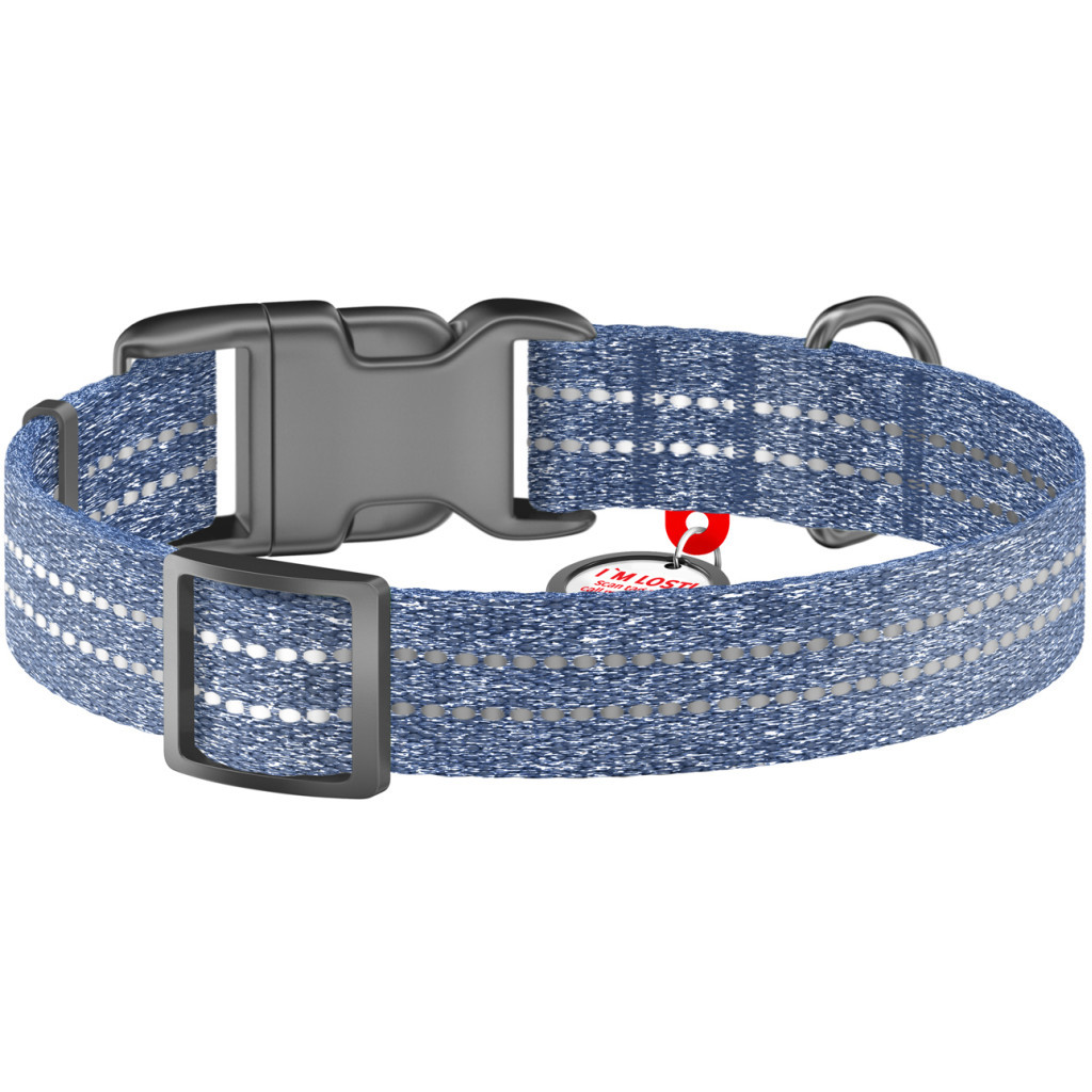 Нашийник для тварин WAUDOG Re-cotton з QR паспортом світловідбивний Ш 20 мм Д 28-40 см синій (028812)