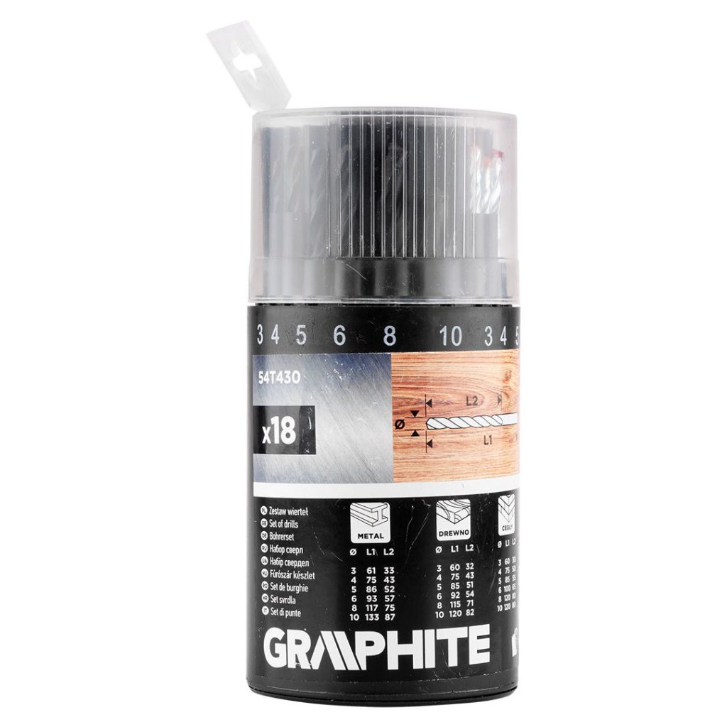 Набір свердл Graphite по металу, дереву, цеглі, 3–6,8,10мм, 18шт (54T430)