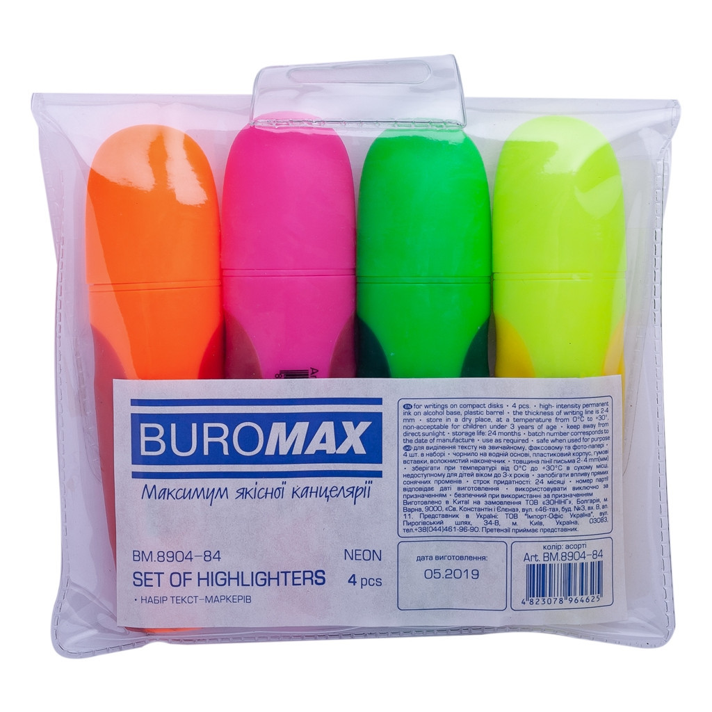 Набір маркерів Buromax highlighter pen, NEON, chisel tip, SET 4 colors (BM.8904-84)