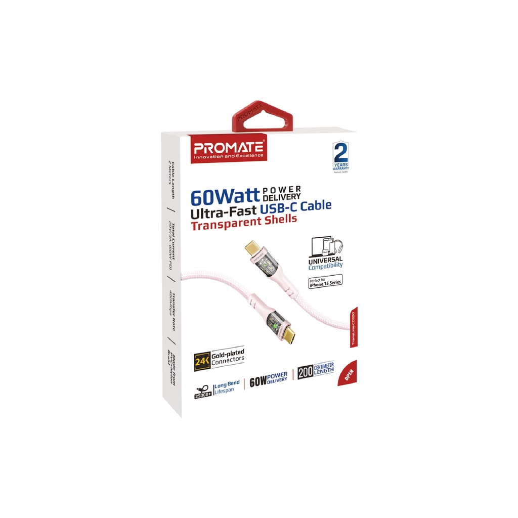 Дата кабель USB-C to USB-C 1.2m 60W PD TransLine-CC pink Promate (transline-cc.pink)