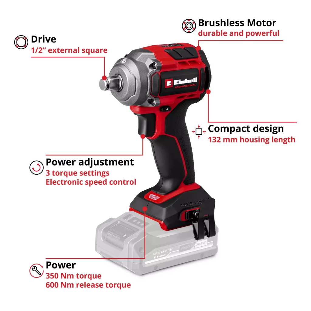 Гайковерт Einhell Professional ударний TP-CW 18/350-C Li BL - Solo 18V, 350Нм 0-2400об/хв (4510055)