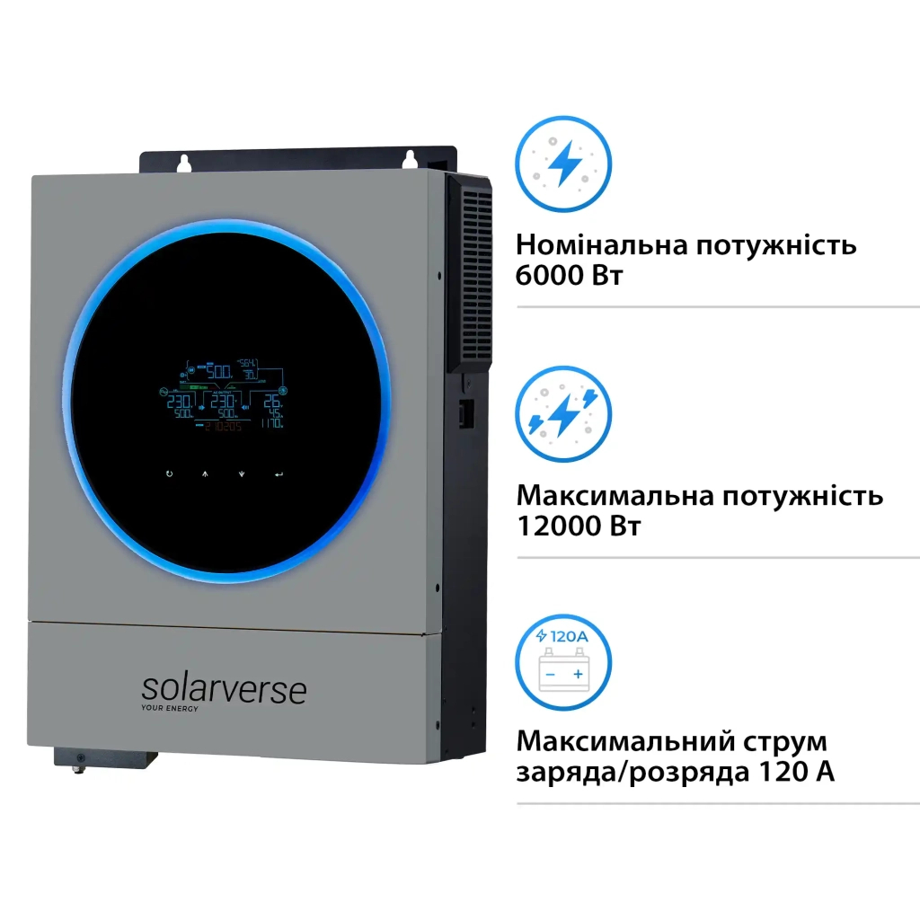 Сонячний інвертор Solarverse Ampere Duo 6kW 48V 1 MPPT 220V 1ф (SV6048AD) Сонячний інвертор Solarverse Ampere Duo 6kW 48V 1 MPPT 220V 1ф (SV6048AD)
